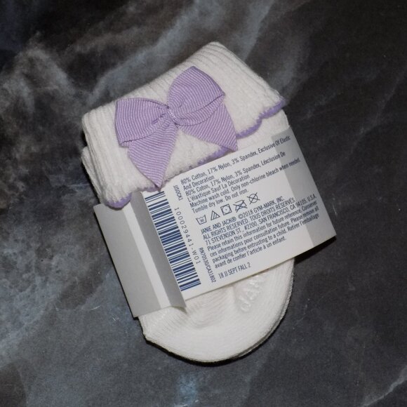 Janie and Jack White Cuff Socks W/Purple Box Size 0/3 Months Girl's NEW - Picture 3 of 3